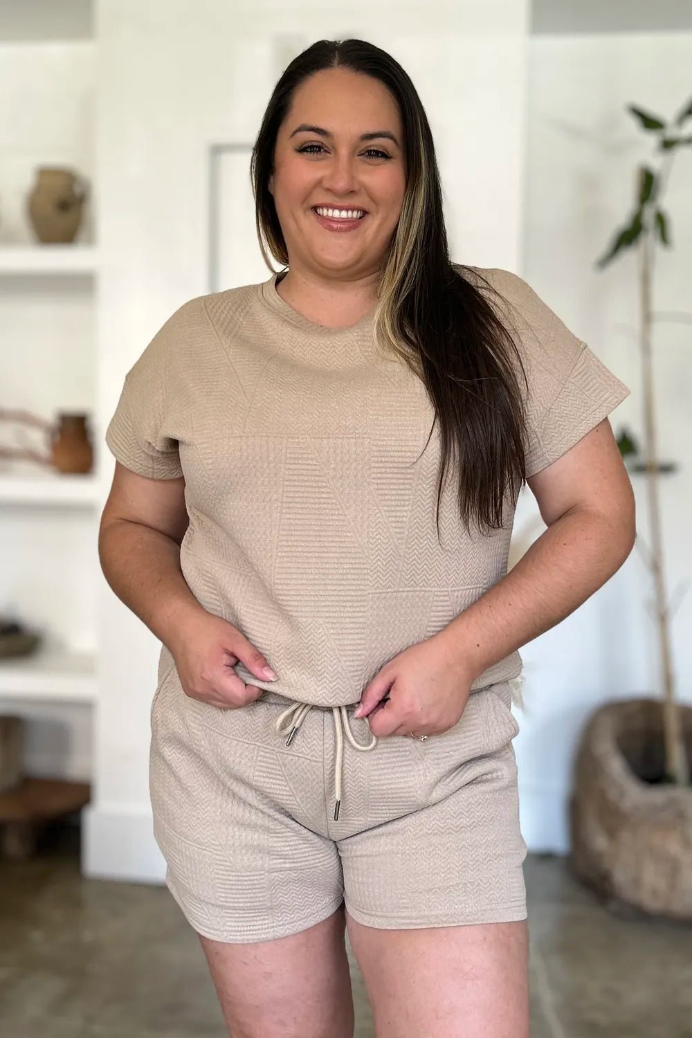 Textured Lounge Shorts Set in Khaki