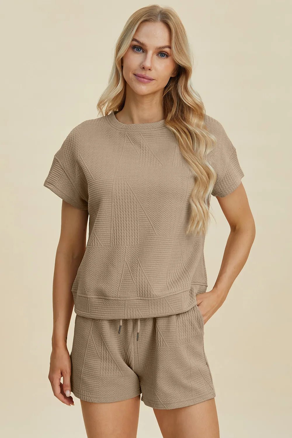 Textured Lounge Shorts Set in Khaki