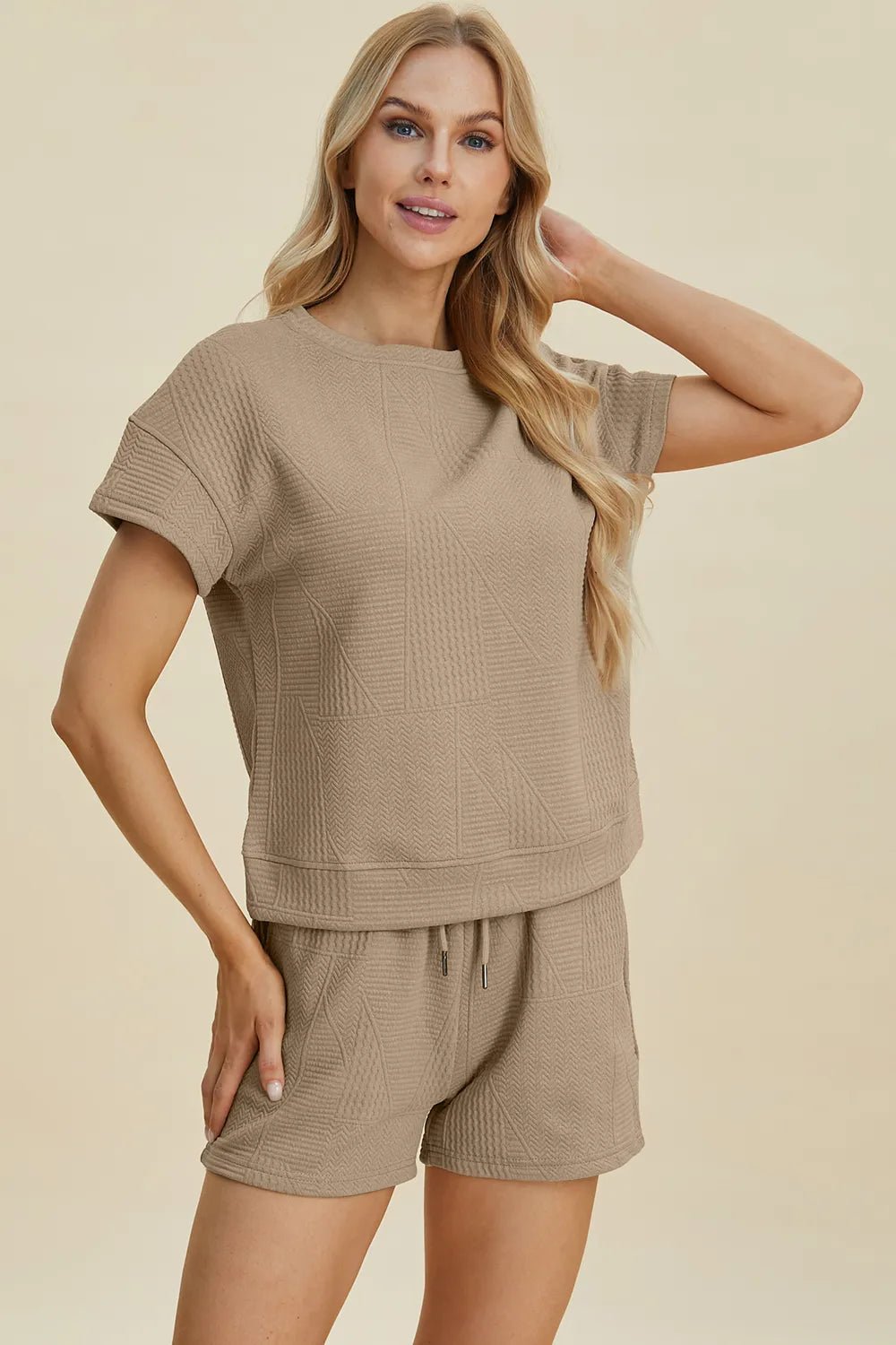 Textured Lounge Shorts Set in Khaki