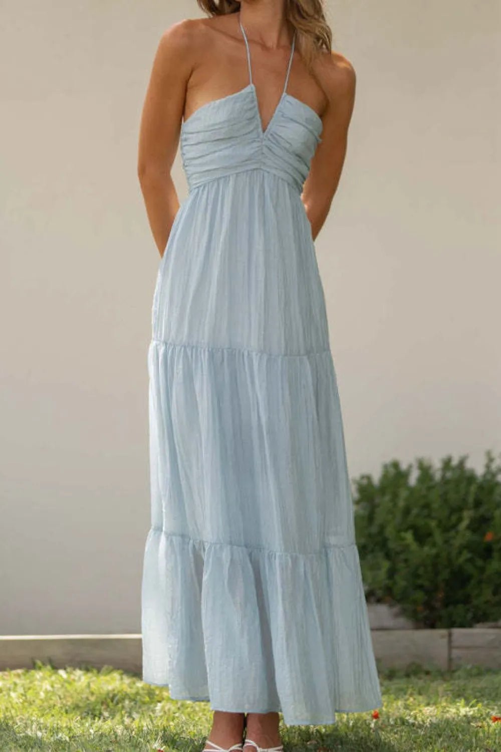 Tiered Halter Neck Cami Dress | Boho Summer Maxi Dress in Light Blue
