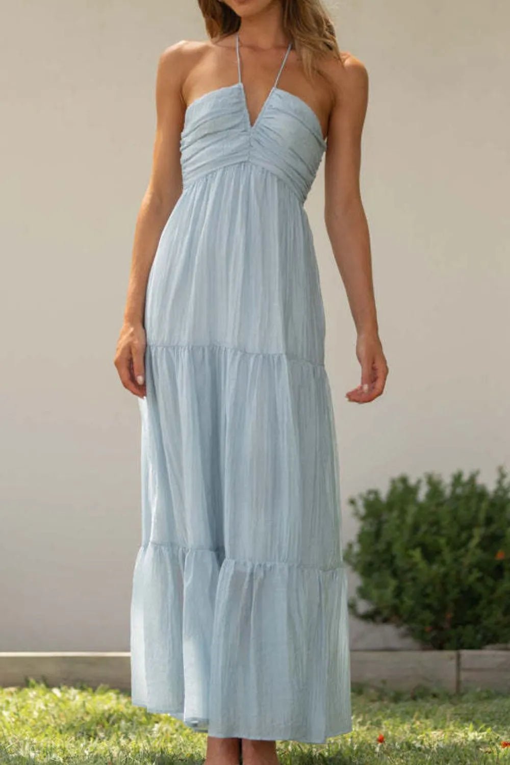 Tiered Halter Neck Cami Dress | Boho Summer Maxi Dress in Light Blue