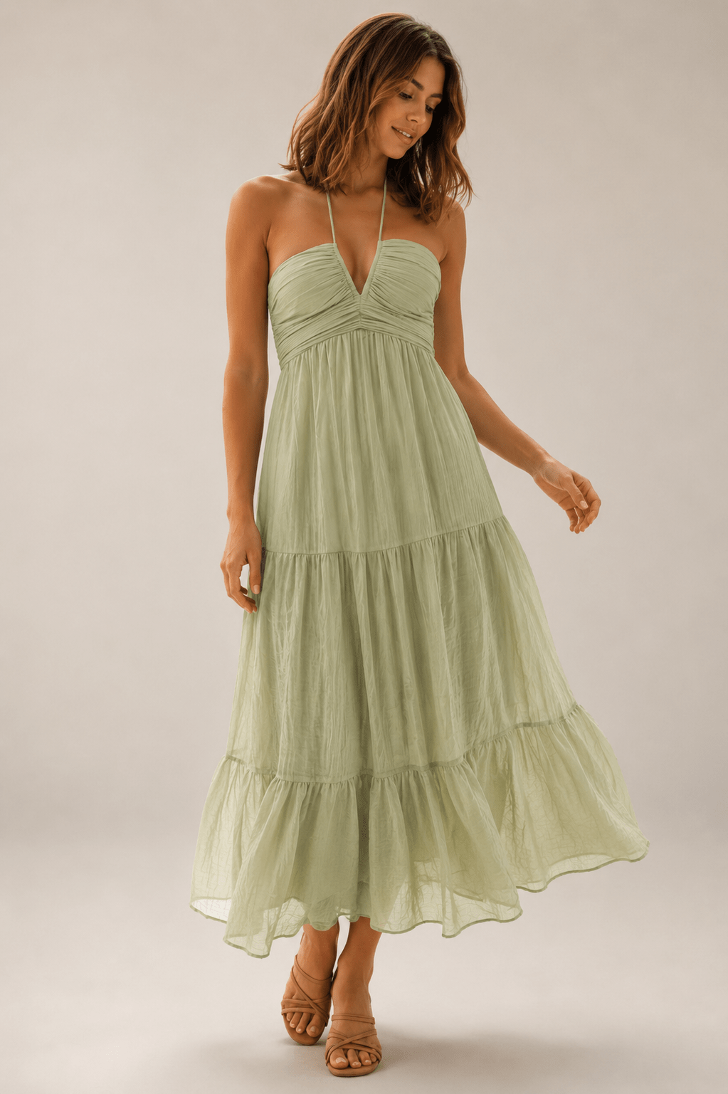 Tiered Halter Neck Cami Dress | Boho Summer Maxi Dress in Sage