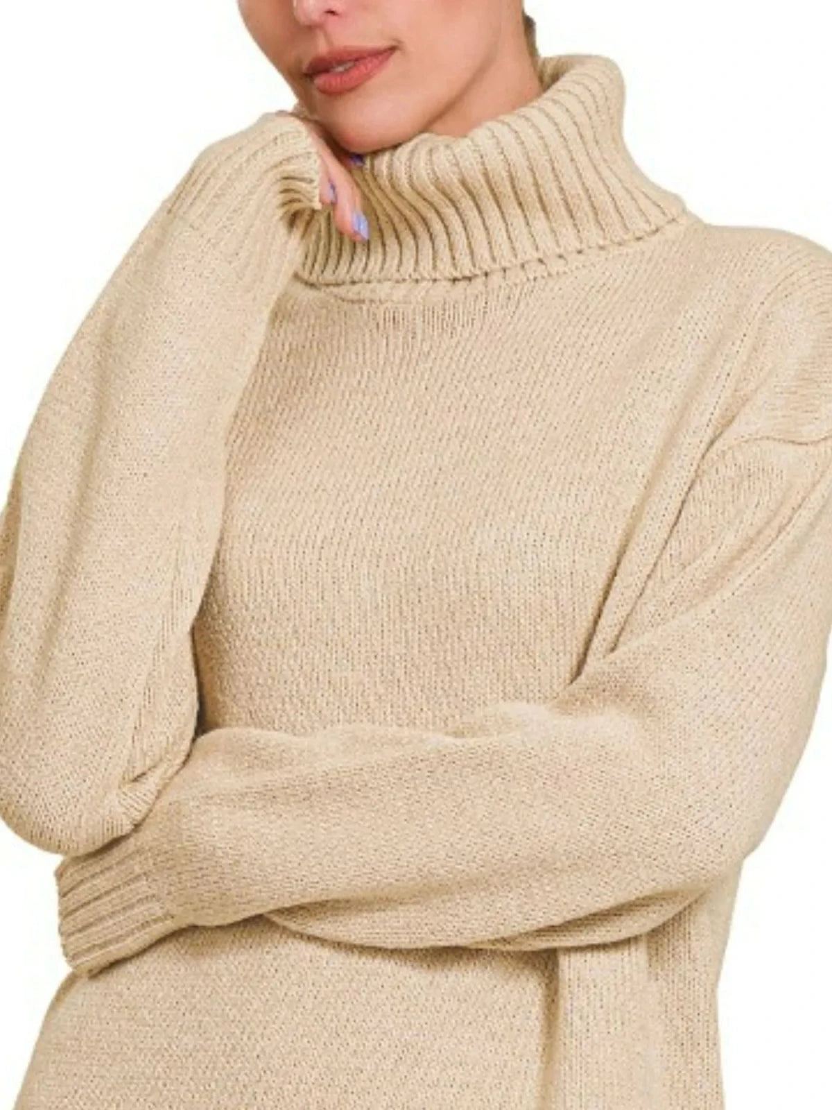 Turtleneck Long Sleeve Midi Sweater Dress in Heather Beige | CozyFits in Heather Beige