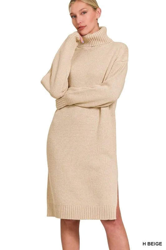 Turtleneck Long Sleeve Midi Sweater Dress in Heather Beige | CozyFits in Heather Beige