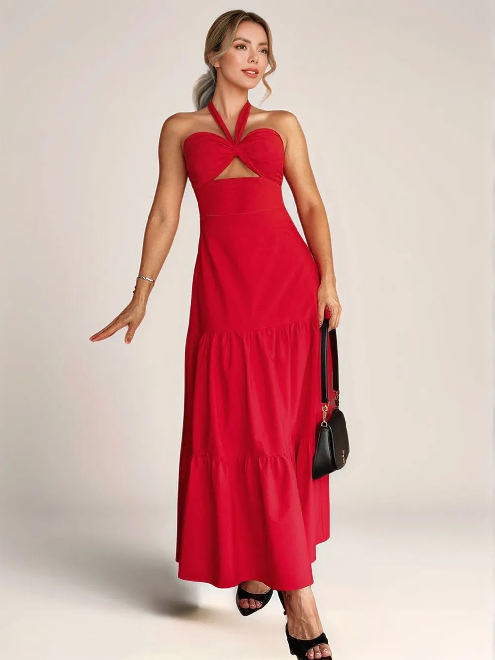 Twist Front Cutout Tiered Maxi Dress – Women’s Halter Maxi Dress in Deep Red