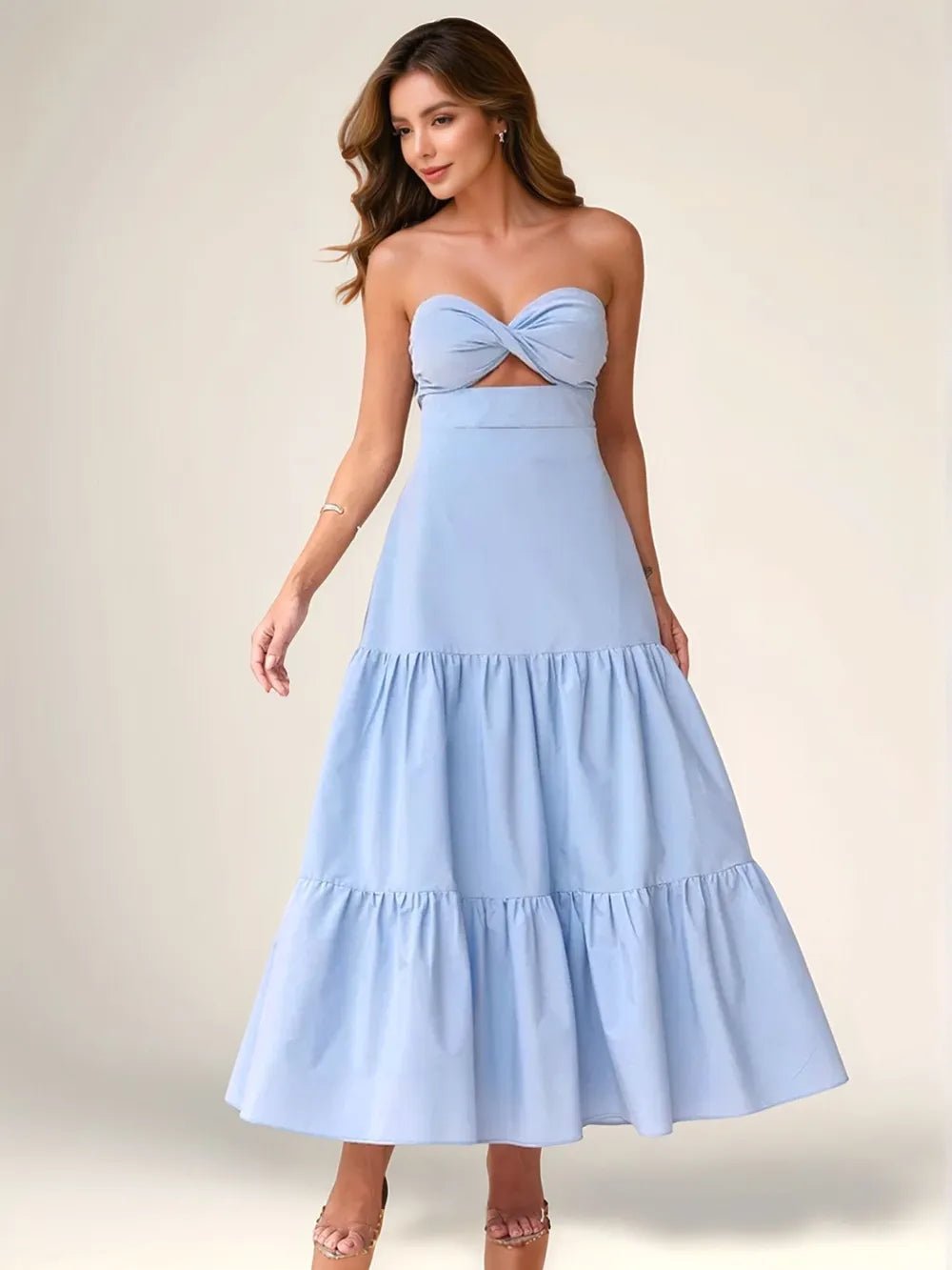 Twist Front Cutout Tiered Maxi Dress – Women’s Halter Maxi Dress in Light Blue