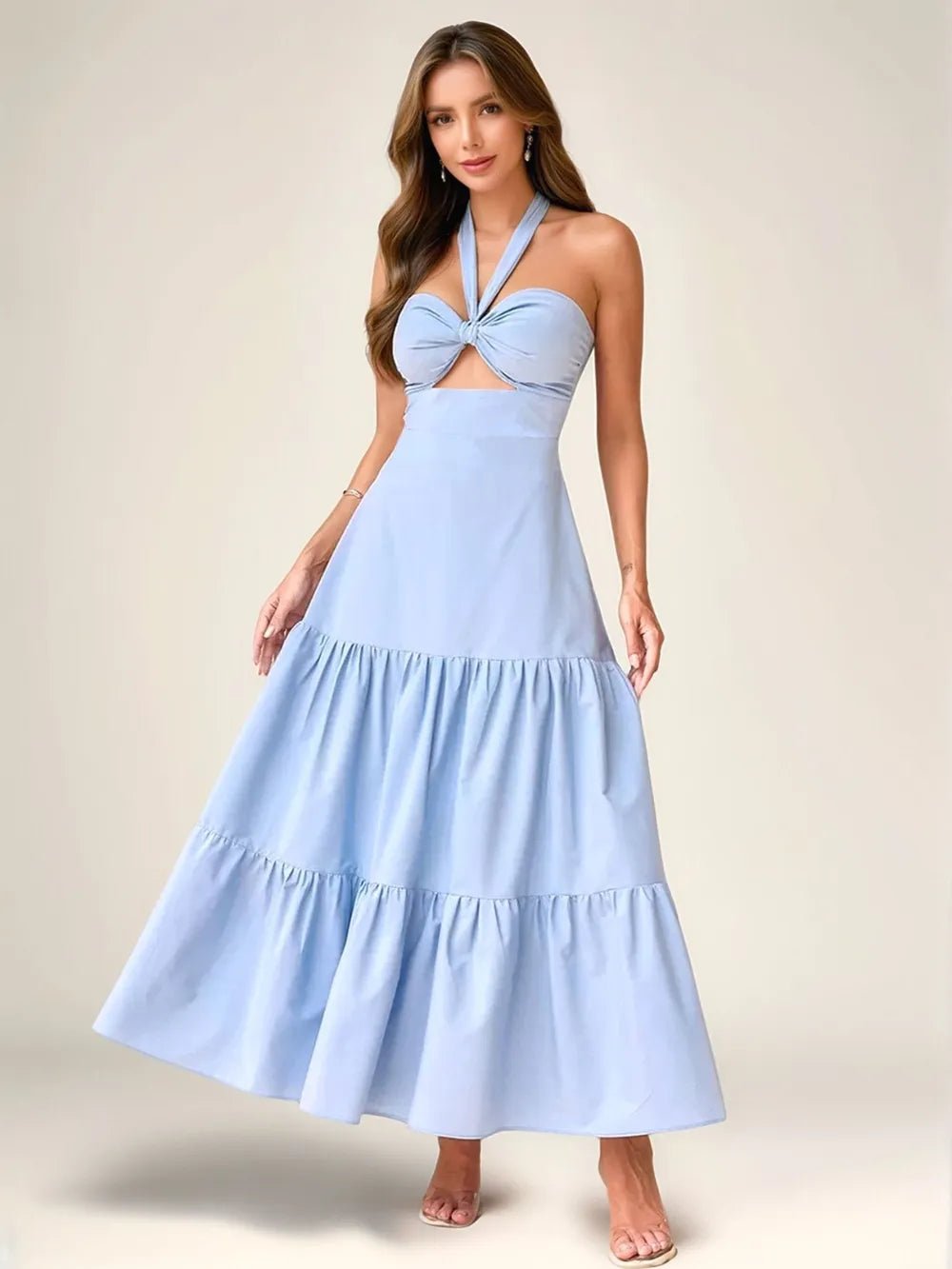Twist Front Cutout Tiered Maxi Dress – Women’s Halter Maxi Dress in Light Blue