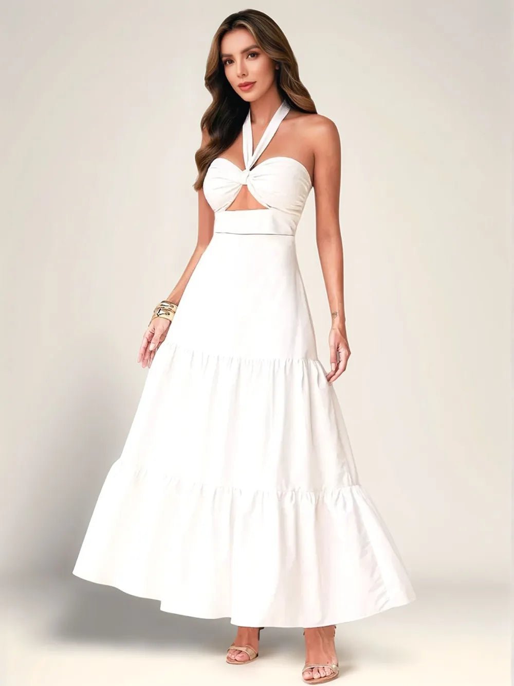 Twist Front Cutout Tiered Maxi Dress – Women’s Halter Maxi Dress in White