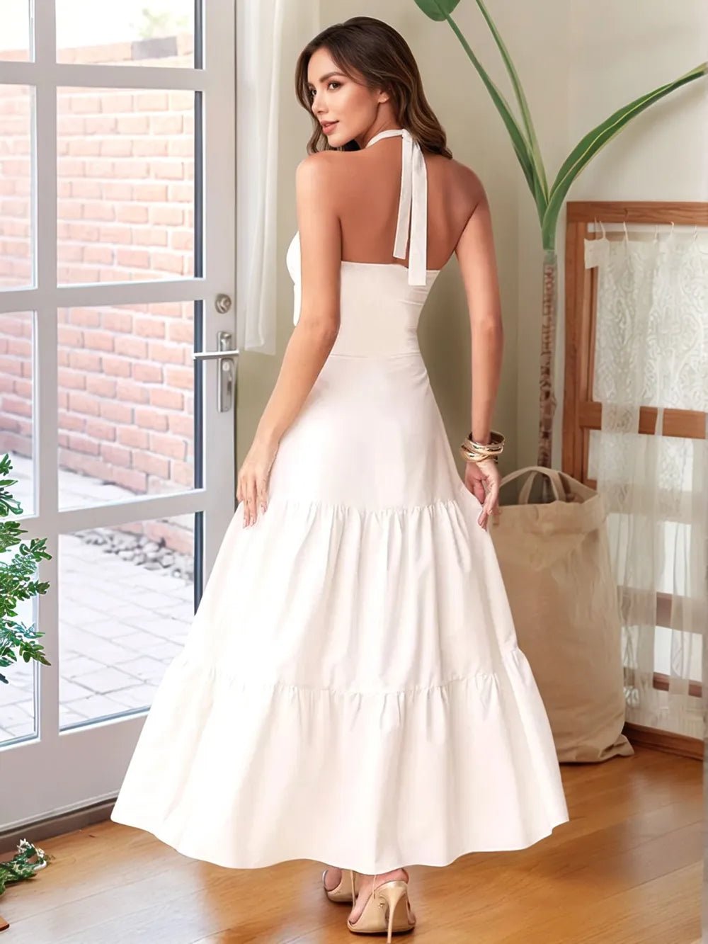 Twist Front Cutout Tiered Maxi Dress – Women’s Halter Maxi Dress in White