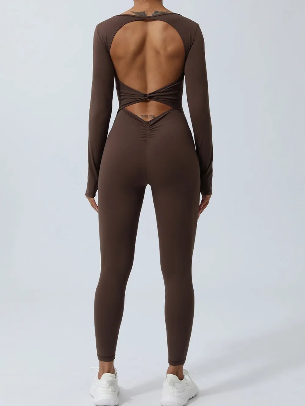 Twisted Backless Long Sleeve Jumpsuit | CozyFits in Chocolate