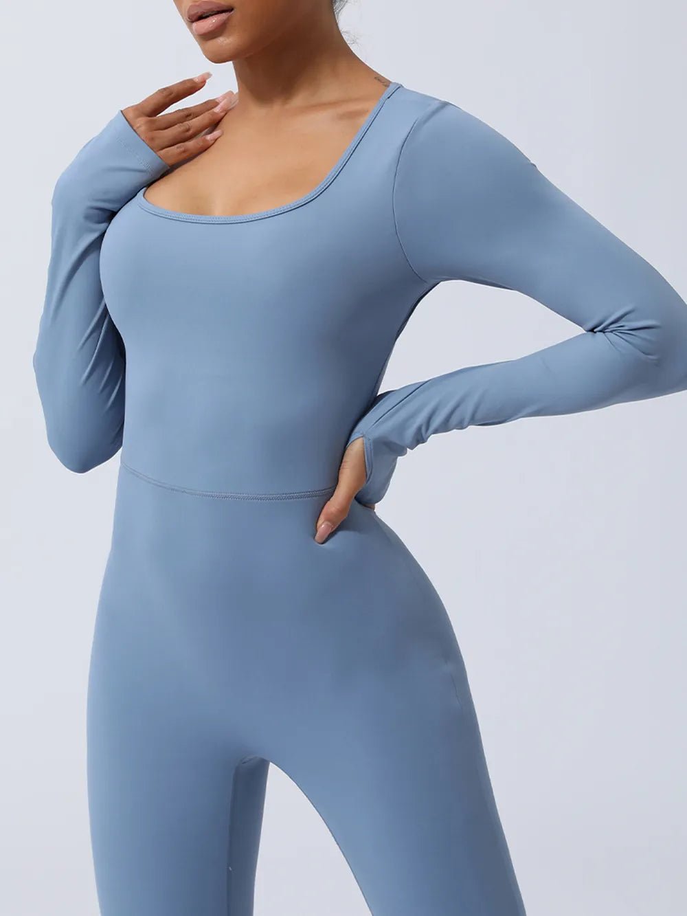 Twisted Backless Long Sleeve Jumpsuit | CozyFits in Light Blue