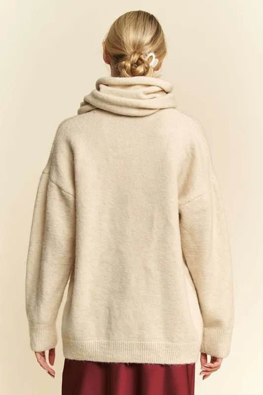 V-Neck Dropped Shoulder Sweater with Scarf | CozyFits in Cream