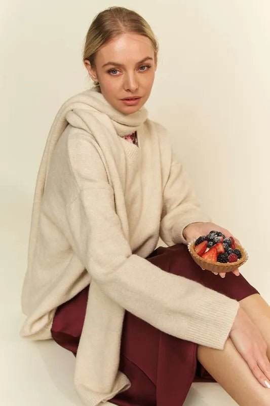 V-Neck Dropped Shoulder Sweater with Scarf | CozyFits in Cream