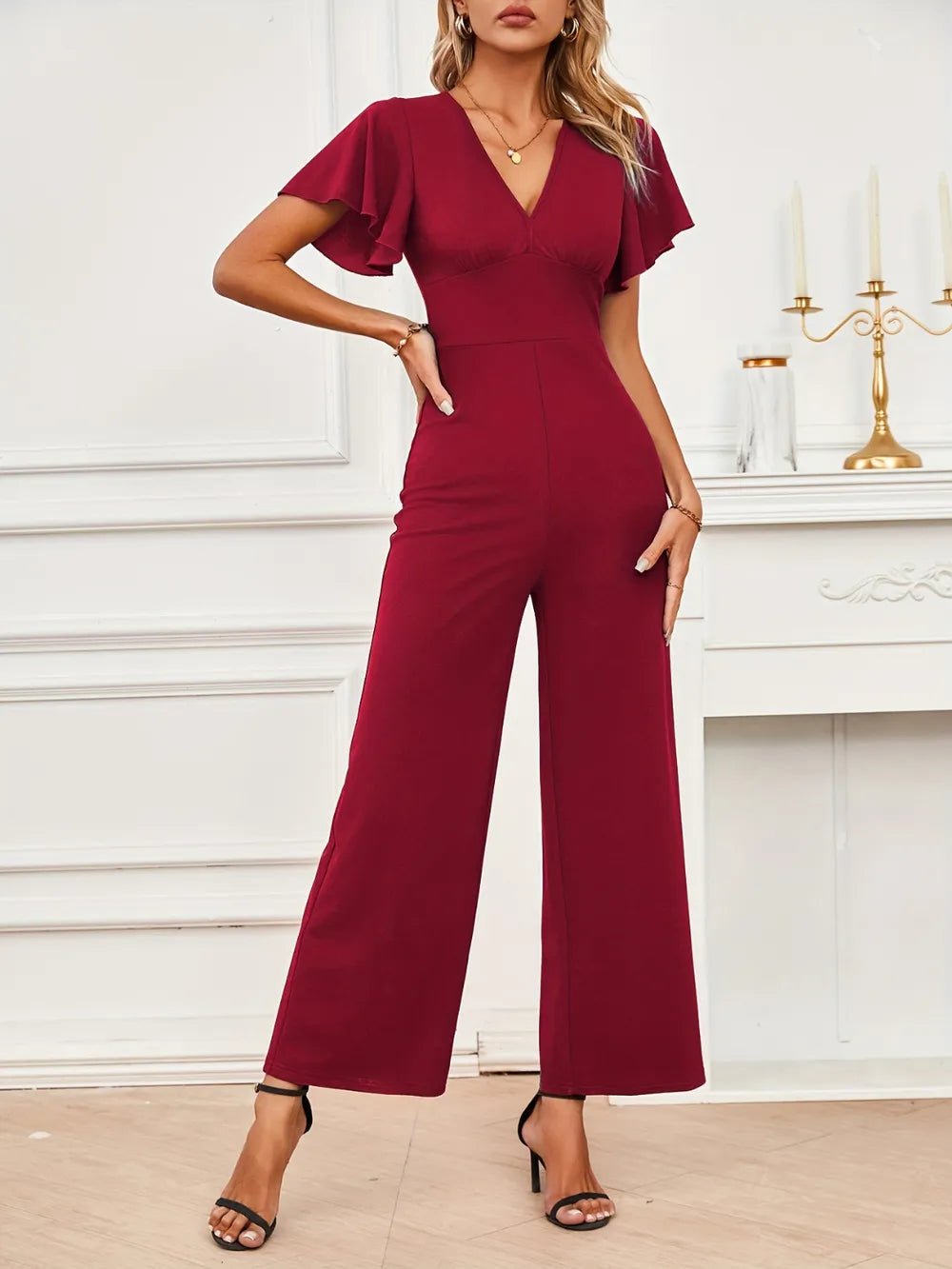 V - Neck Flutter Sleeve Jumpsuit | CozyFits in Burgundy
