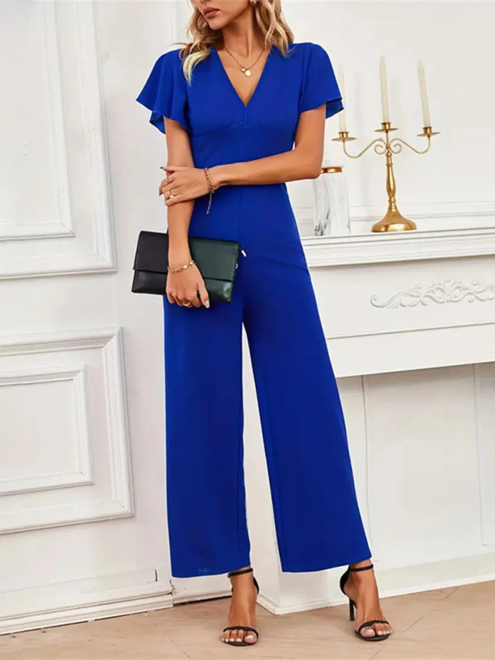 V - Neck Flutter Sleeve Jumpsuit | CozyFits in Navy