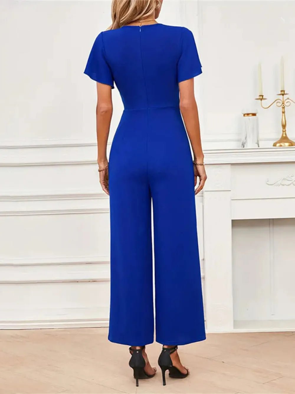 V - Neck Flutter Sleeve Jumpsuit | CozyFits in Navy