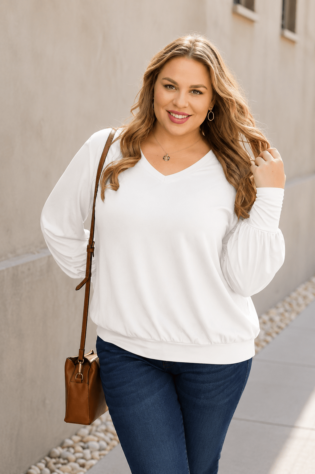V - Neck Lantern Sleeve Top in Sky Blue