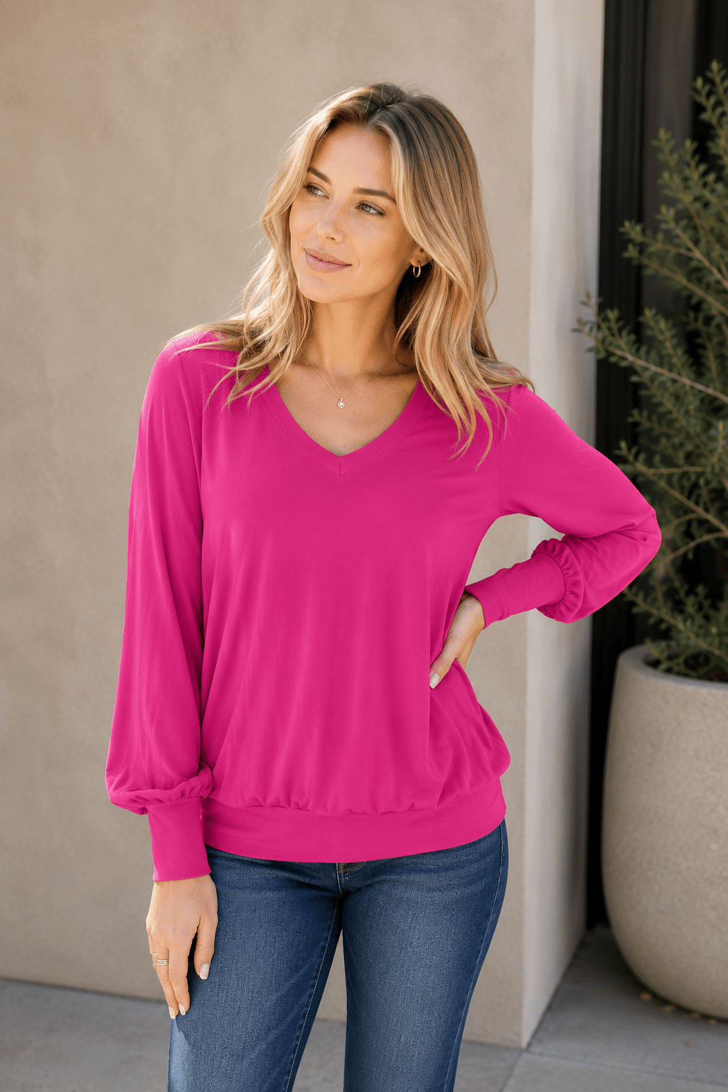 V - Neck Lantern Sleeve Top in Sky Blue