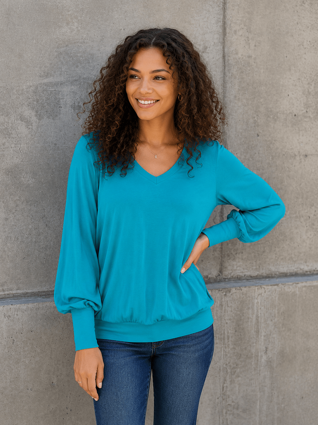V - Neck Lantern Sleeve Top in Sky Blue