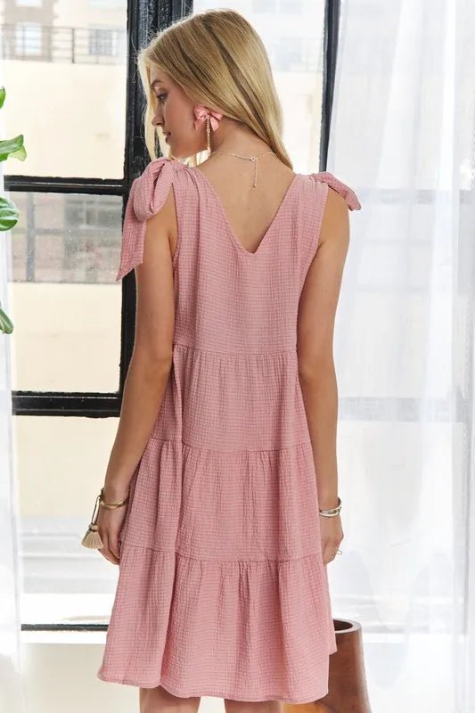V-Neck Tie Shoulder Dress – Flowy Tiered Midi Dress for Women in Dusty Pink in Dusty Pink