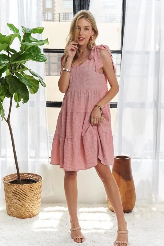 V-Neck Tie Shoulder Dress – Flowy Tiered Midi Dress for Women in Dusty Pink in Dusty Pink