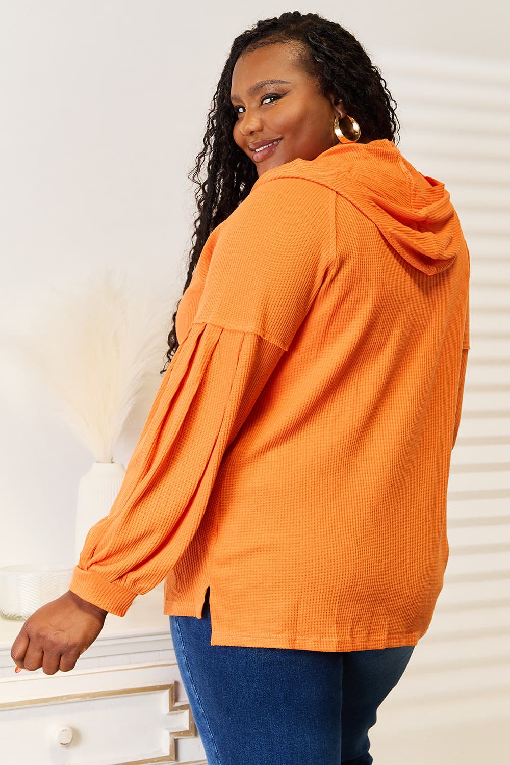 Waffle Knit Button Hoodie | CozyFits in Orange