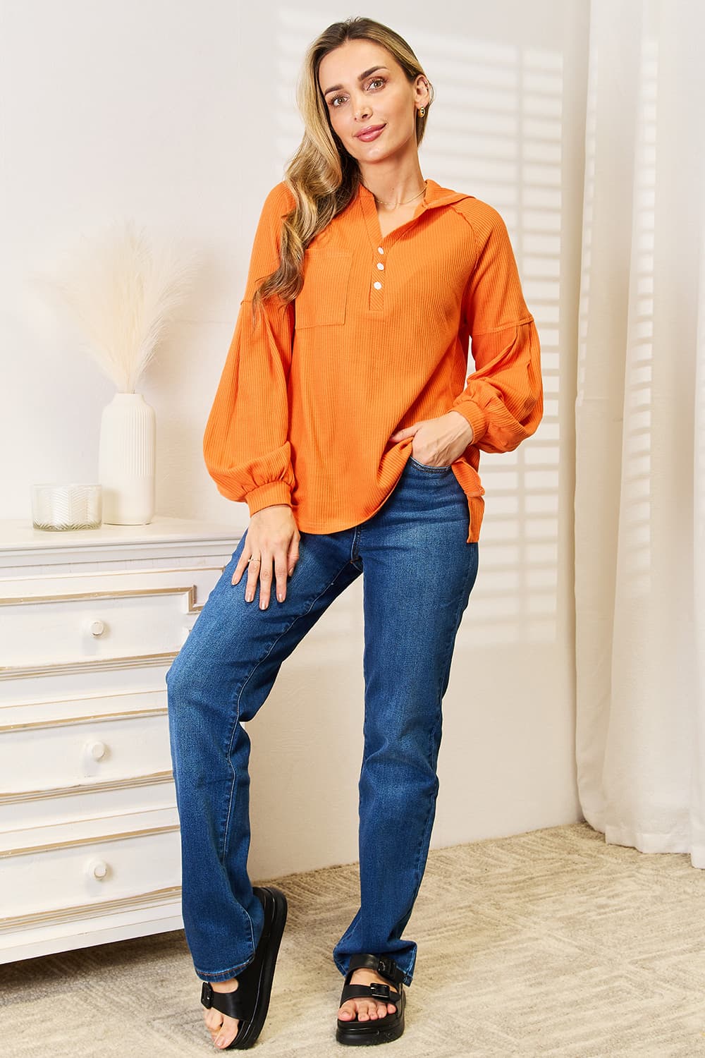 Waffle Knit Button Hoodie | CozyFits in Orange