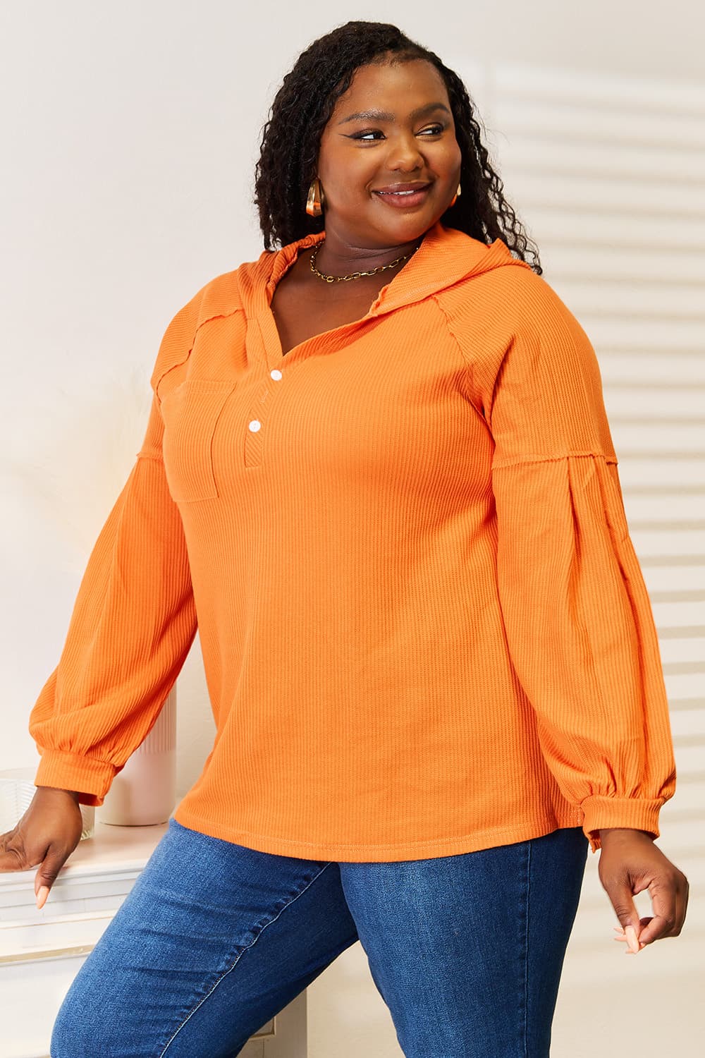 Waffle Knit Button Hoodie | CozyFits in Orange