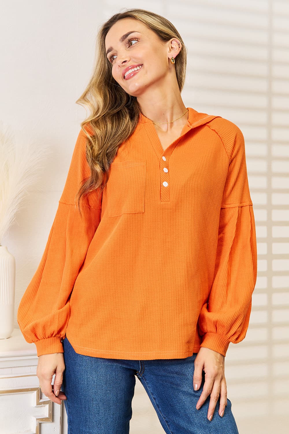 Waffle Knit Button Hoodie | CozyFits in Orange