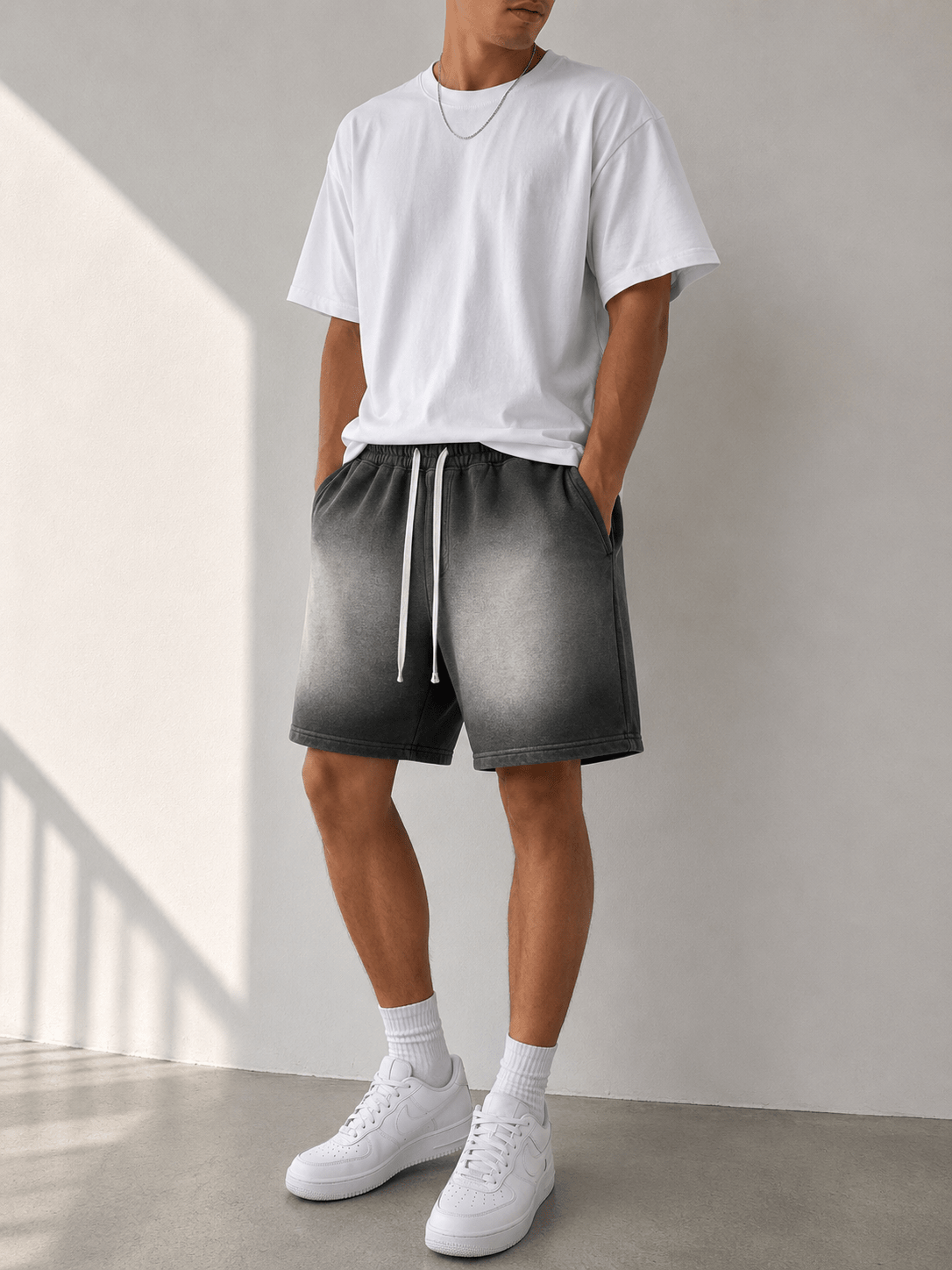 Washed Drawstring Casual Shorts in Black