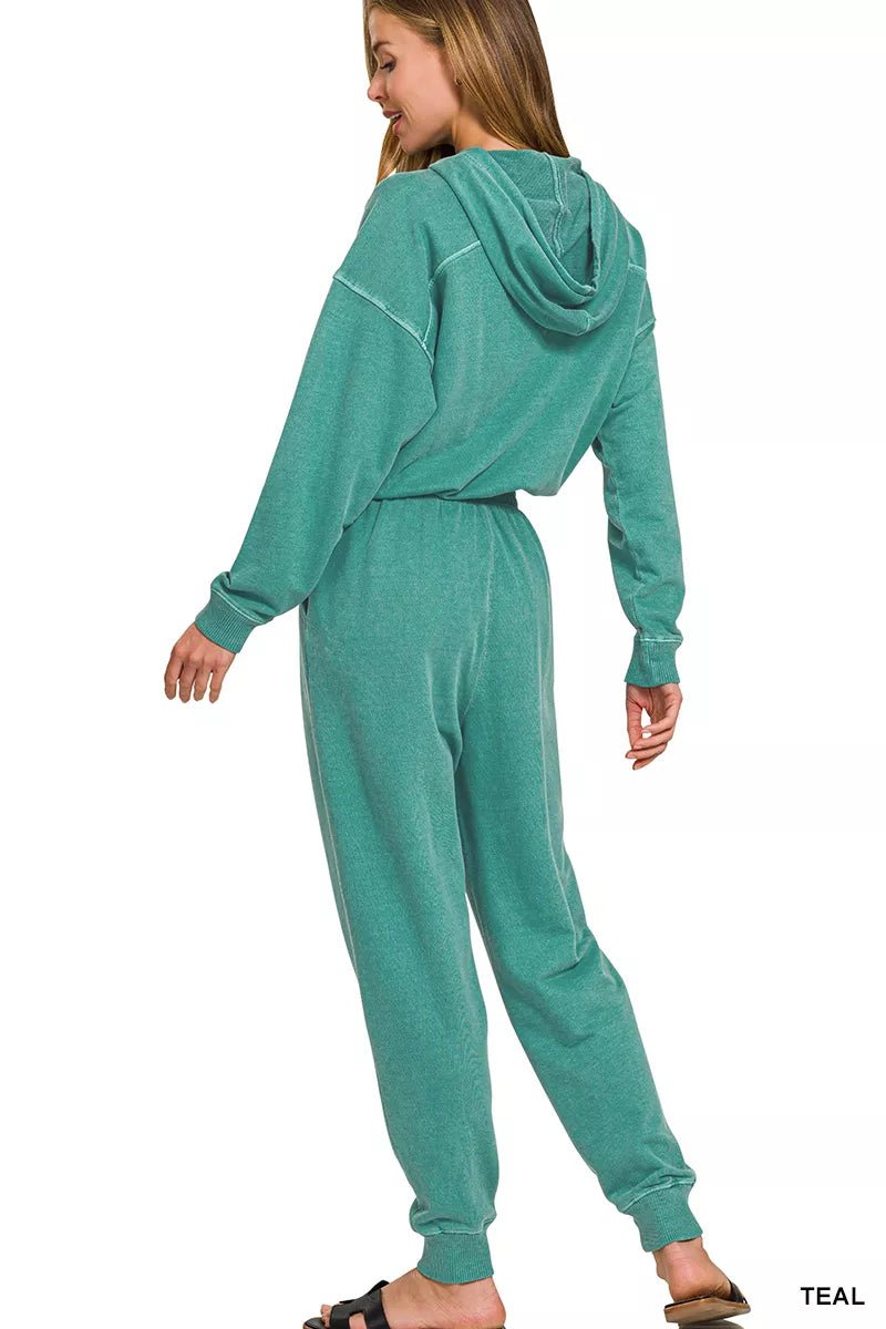 Washed French Terry Lounge Jumpsuit | CozyFits in Teal