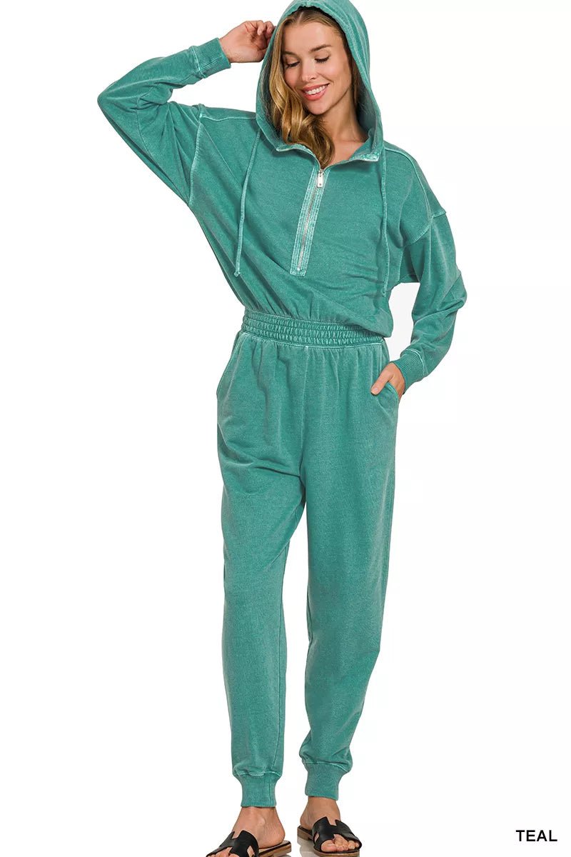 Washed French Terry Lounge Jumpsuit | CozyFits in Teal
