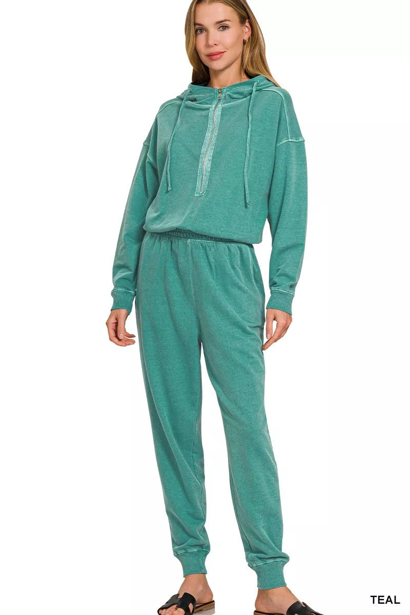 Washed French Terry Lounge Jumpsuit | CozyFits in Teal
