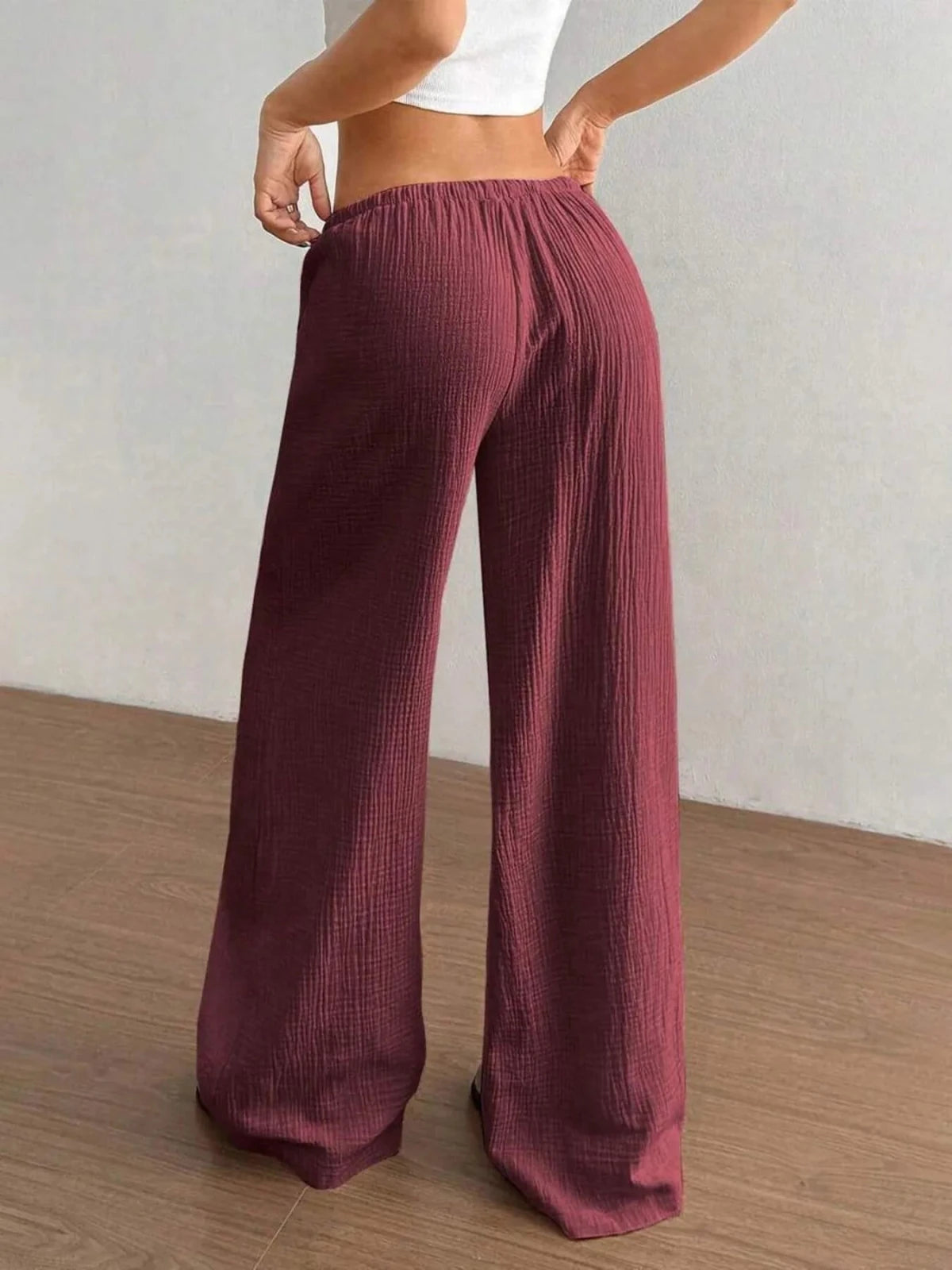 Wide Leg Drawstring Casual Pants in Burgundy