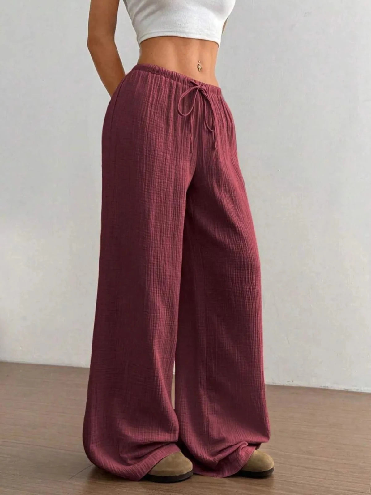 Wide Leg Drawstring Casual Pants in Burgundy