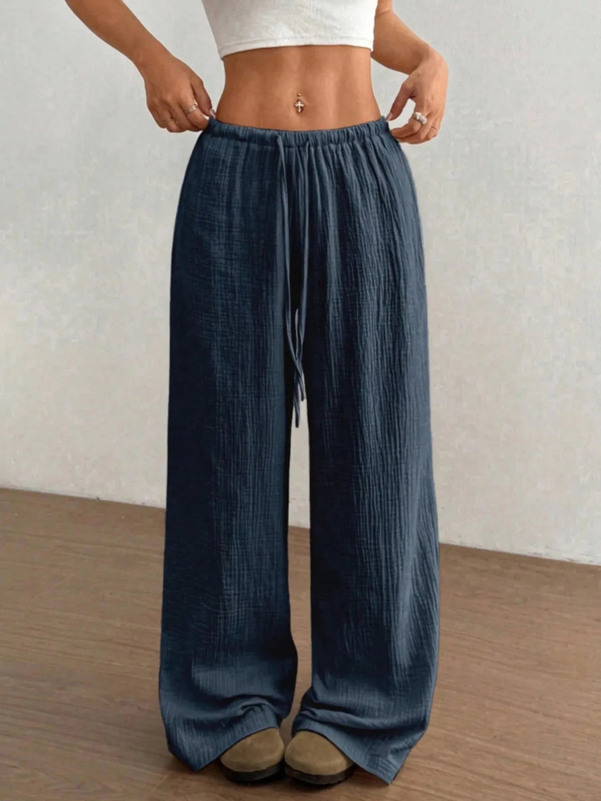 Wide Leg Drawstring Casual Pants in Navy Blue