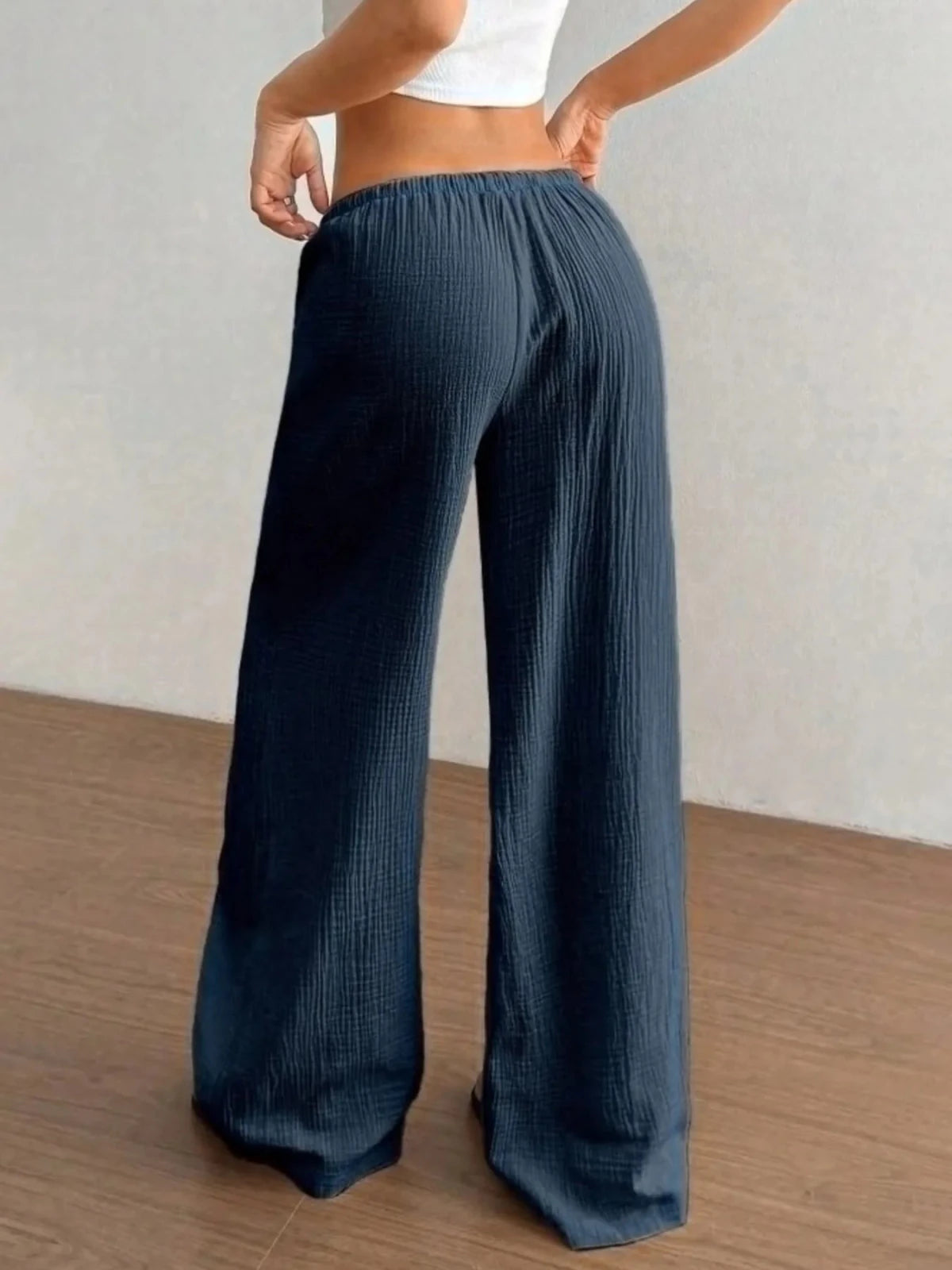Wide Leg Drawstring Casual Pants in Navy Blue