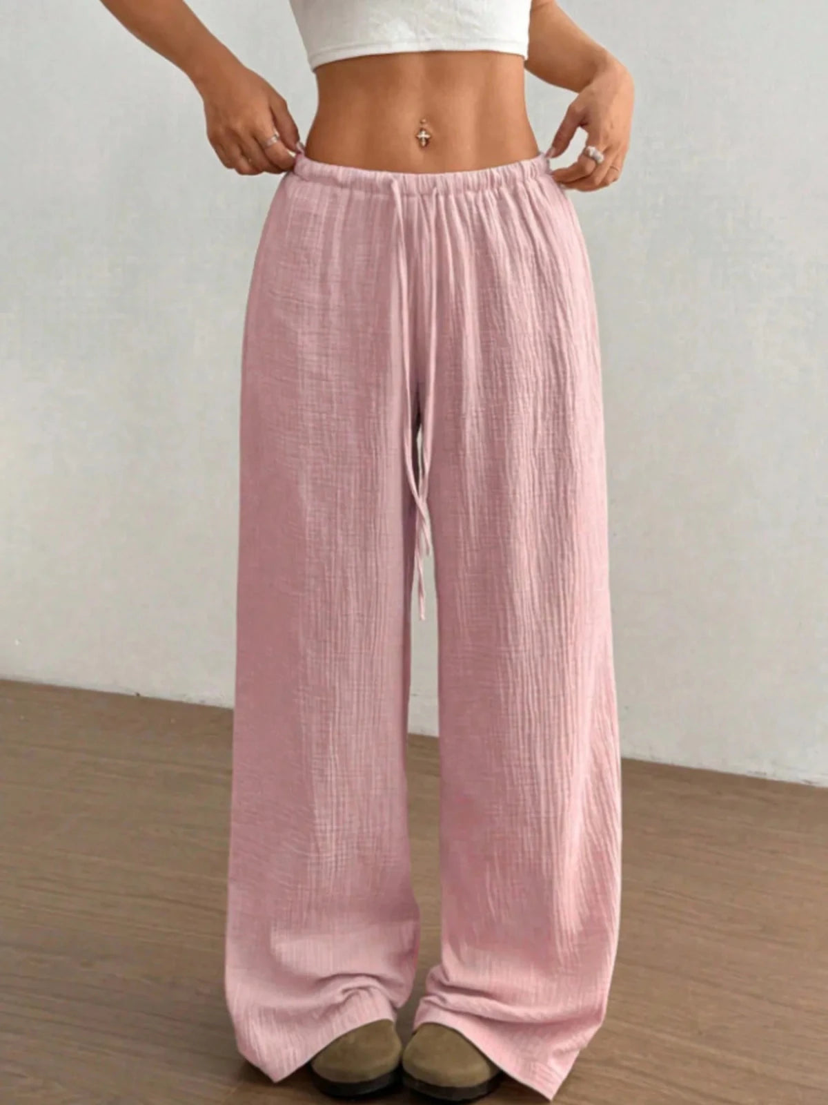 Wide Leg Drawstring Casual Pants in Pink