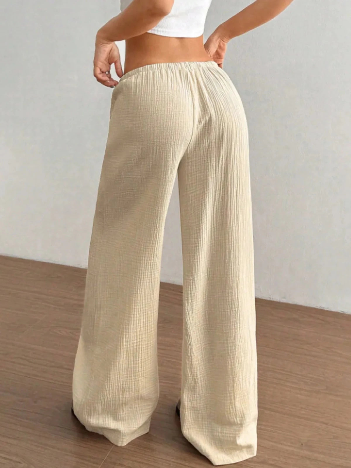 Wide Leg Drawstring Casual Pants in White