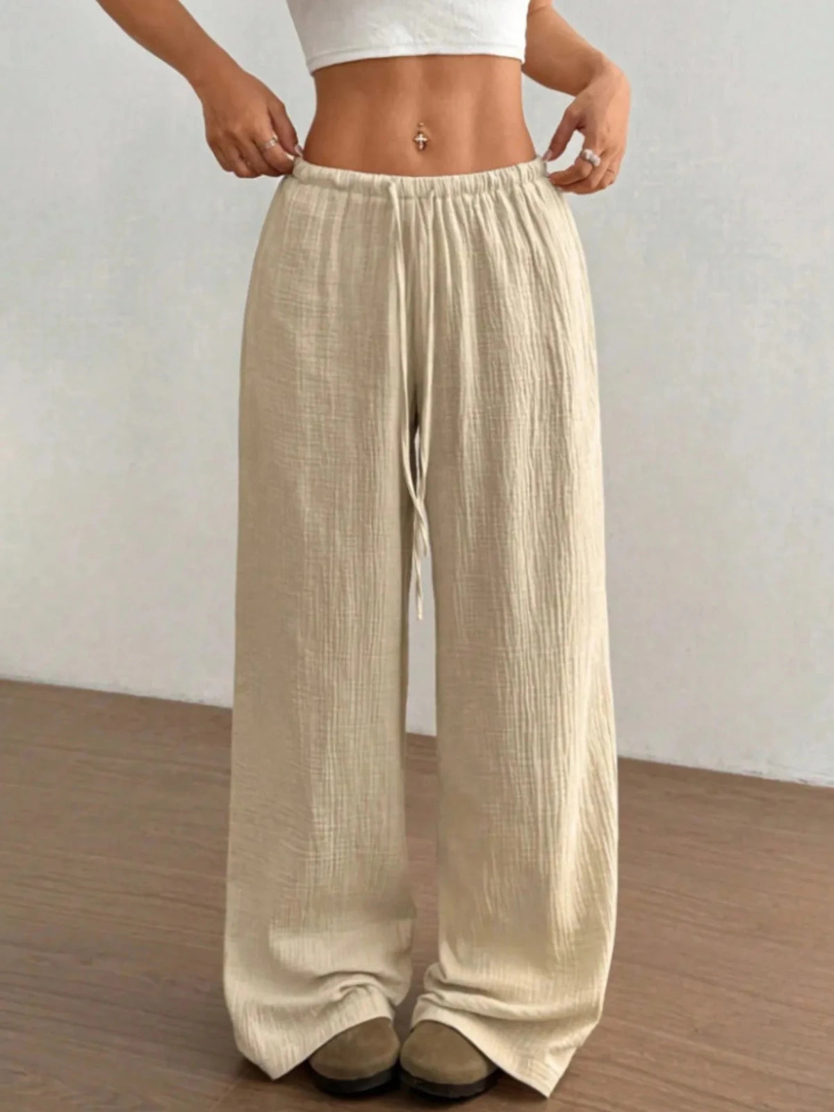 Wide Leg Drawstring Casual Pants in White
