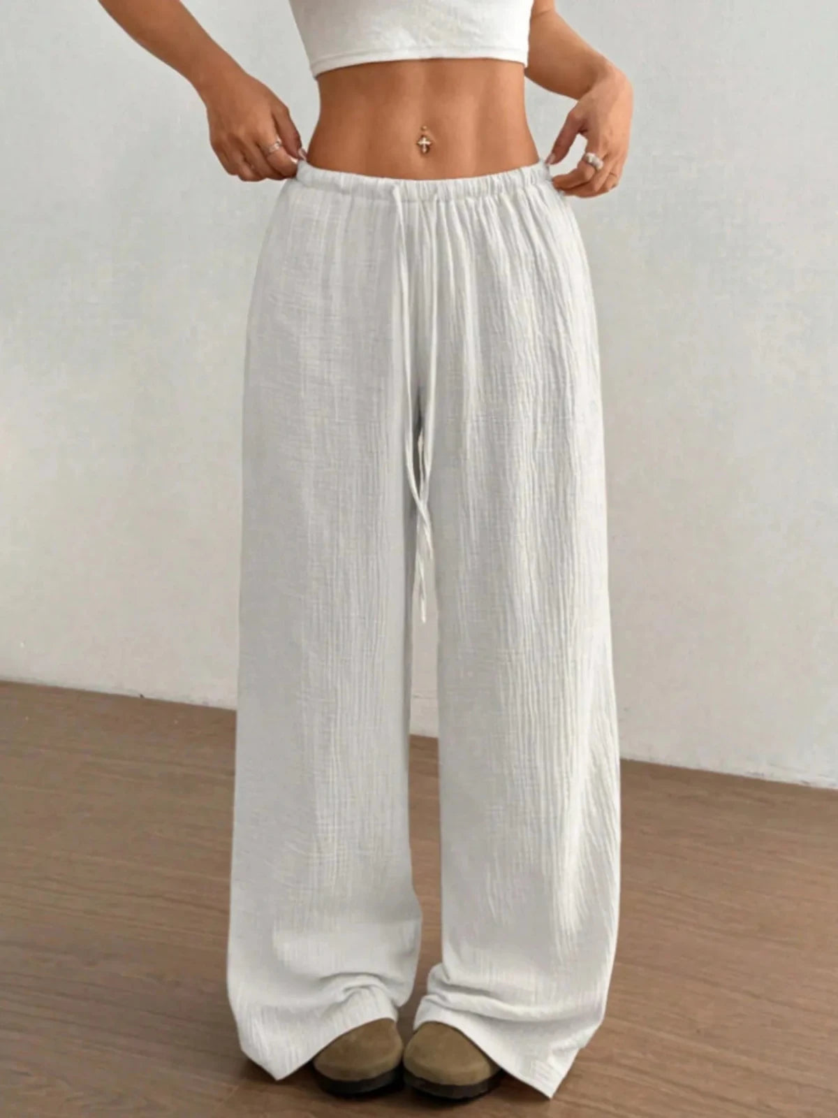 Wide Leg Drawstring Casual Pants in White