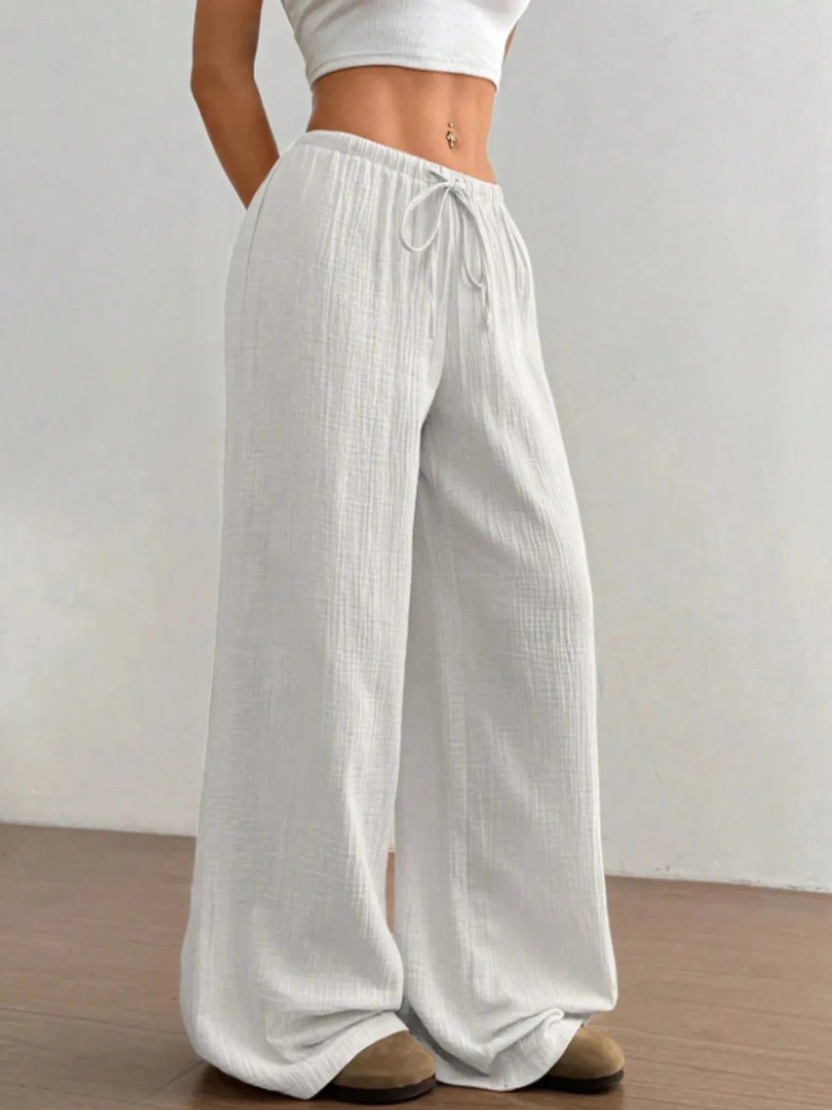Wide Leg Drawstring Casual Pants in White