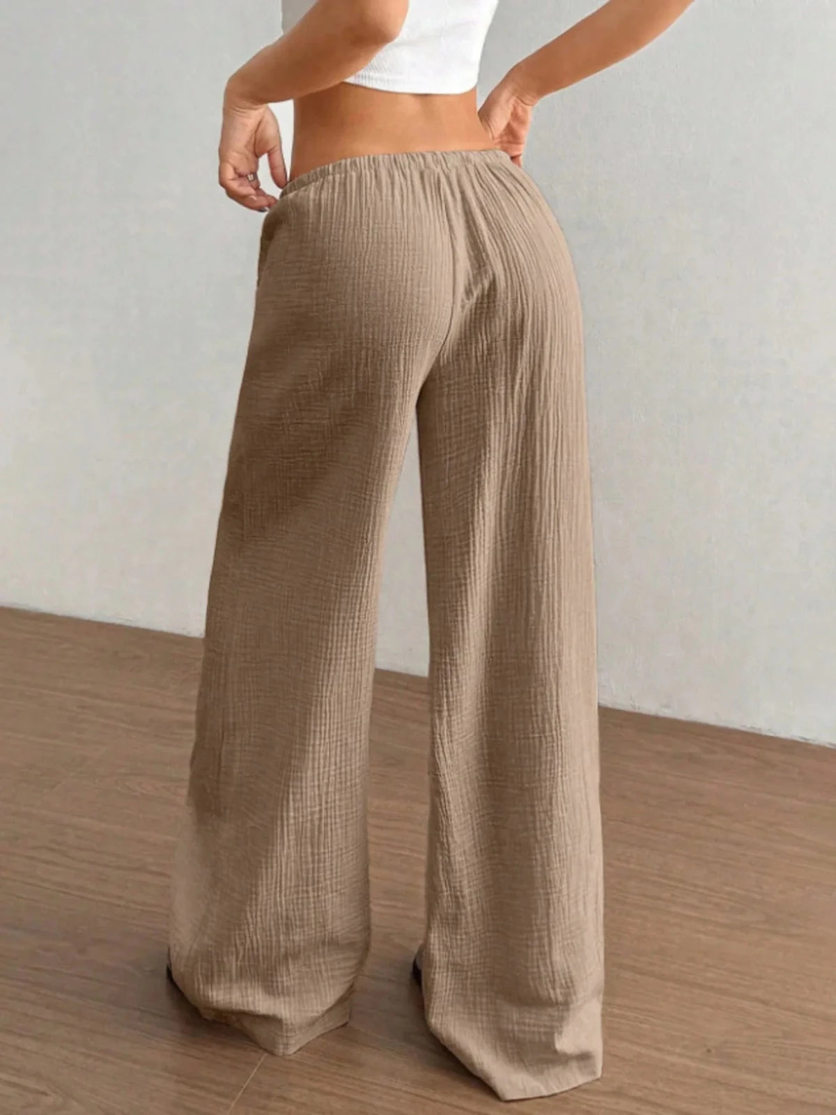 Wide Leg Drawstring Casual Pants in White