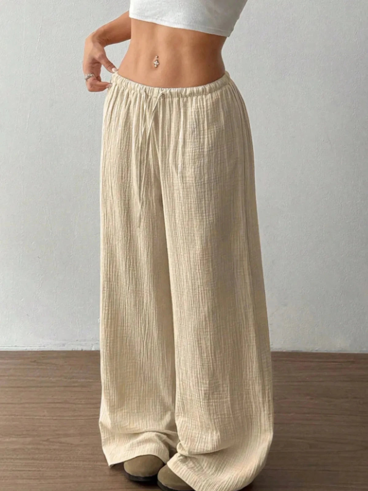 Wide Leg Drawstring Casual Pants in White
