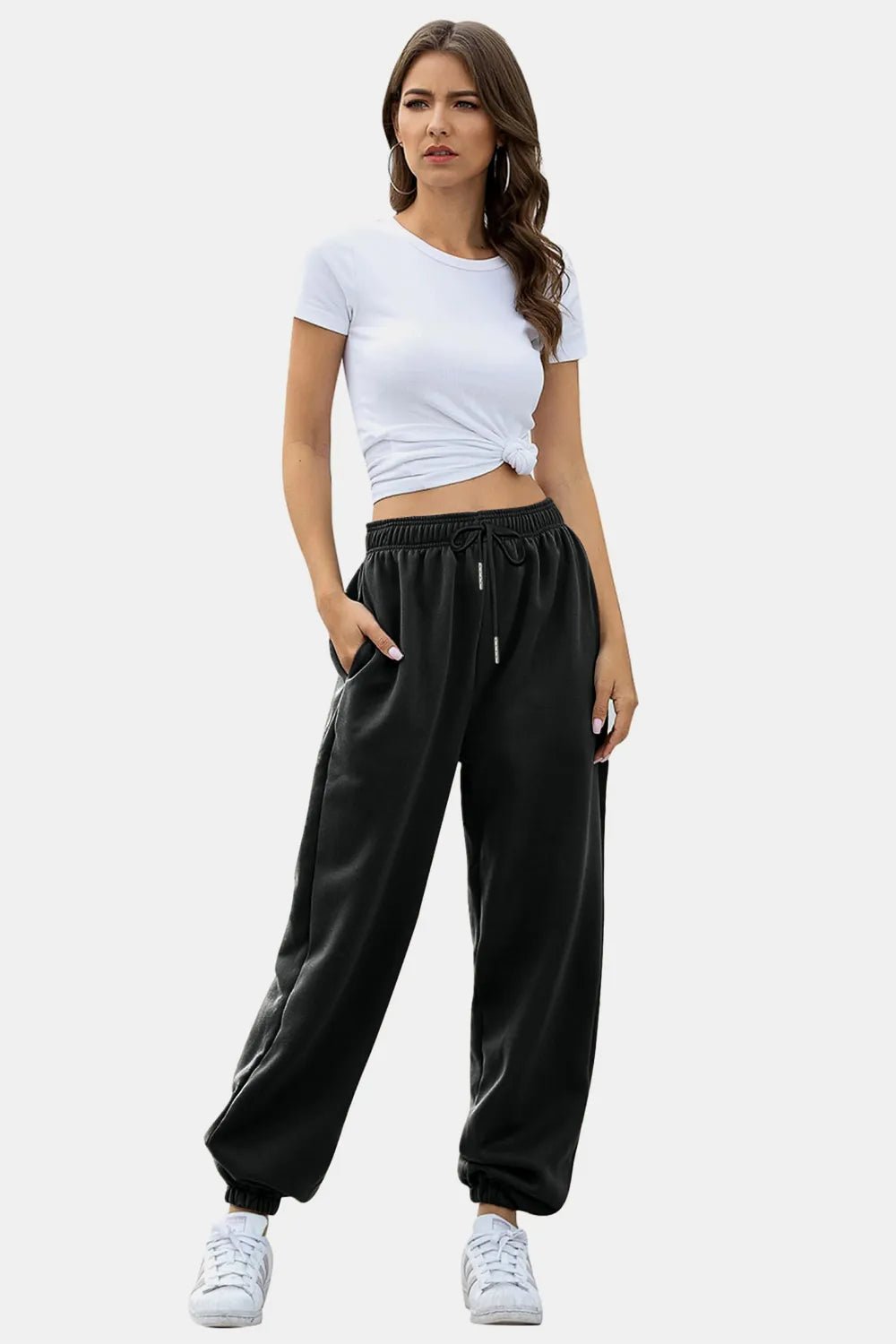 Women's Elastic Waist Joggers with Pockets | Soft Flowy Everyday Jogger | CozyFits in Black