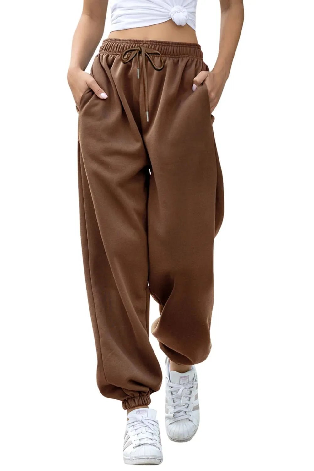 Women's Elastic Waist Joggers with Pockets | Soft Flowy Everyday Jogger | CozyFits in Coffee Brown