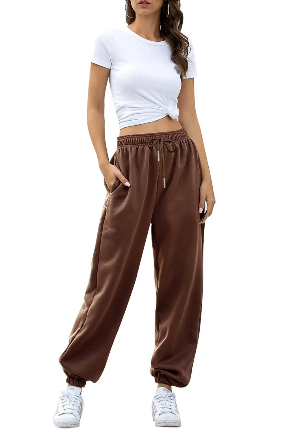 Women's Elastic Waist Joggers with Pockets | Soft Flowy Everyday Jogger | CozyFits in Coffee Brown
