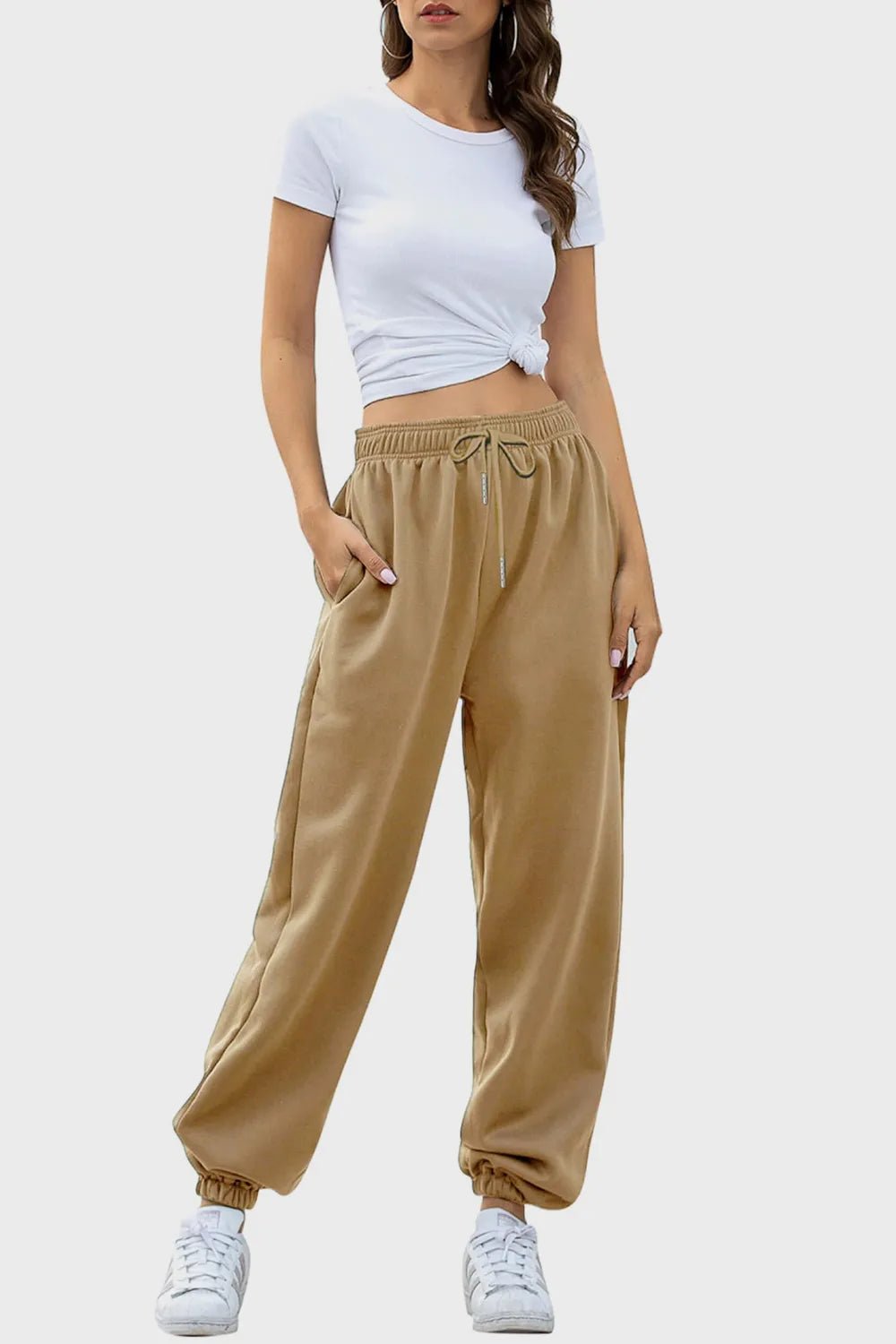 Women's Elastic Waist Joggers with Pockets | Soft Flowy Everyday Jogger | CozyFits in Tan