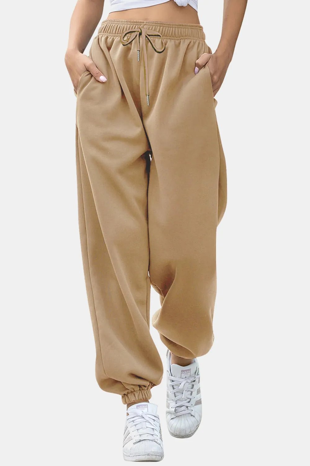 Women's Elastic Waist Joggers with Pockets | Soft Flowy Everyday Jogger | CozyFits in Tan