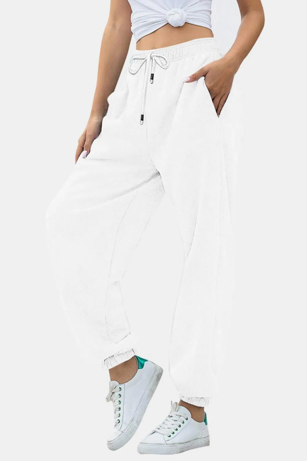 Women's Elastic Waist Joggers with Pockets | Soft Flowy Everyday Jogger | CozyFits in White